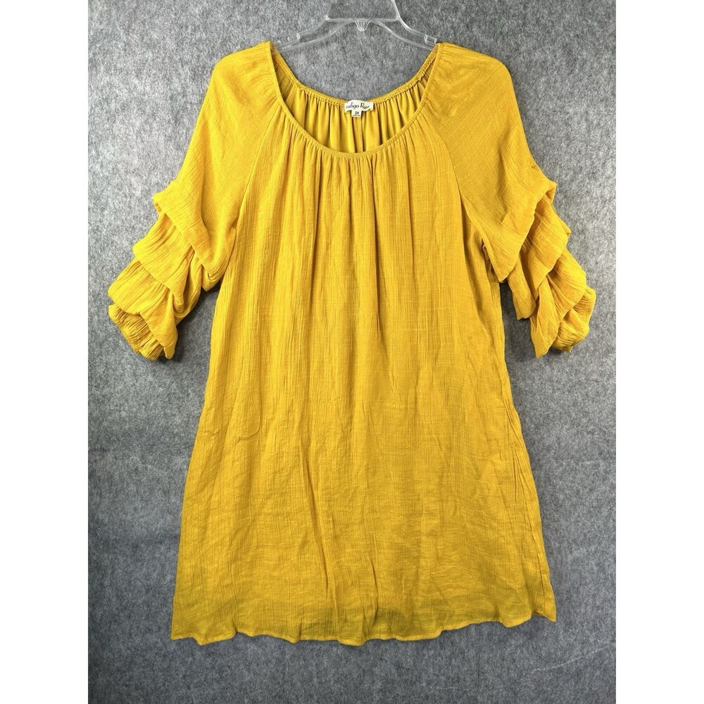 Indigo Rose Woven Boho Top Peasant Blouse Tunic Yellow Plus Sz 2X Ruffle Sleeve